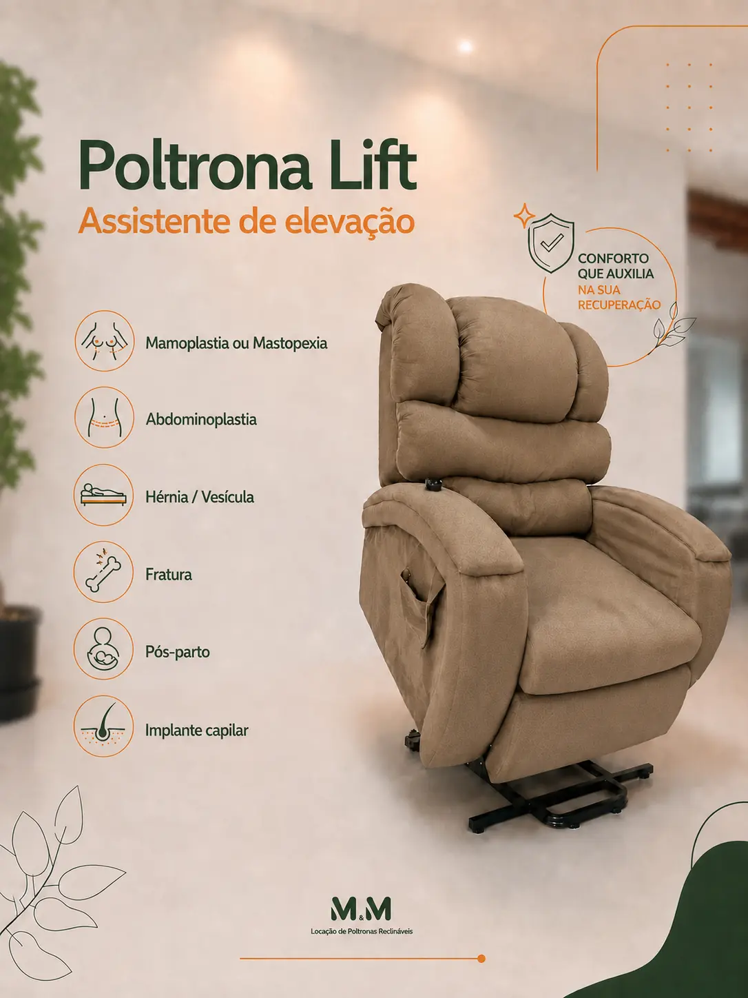 Senhora descansando com conforto em poltrona reclinável elétrica da M&M Locações