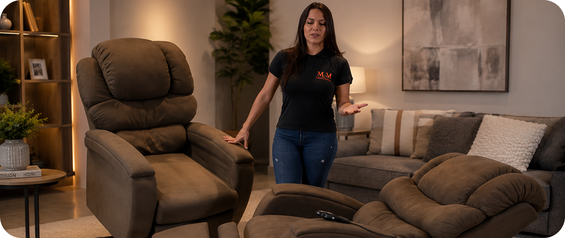 Atendente da M&M Locações apresentando as poltronas reclináveis elétricas